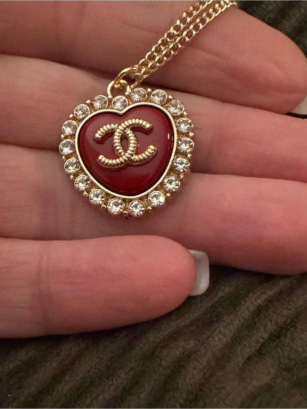 Gold-Tone Red Heart Pendant Necklace with Crystal Halo